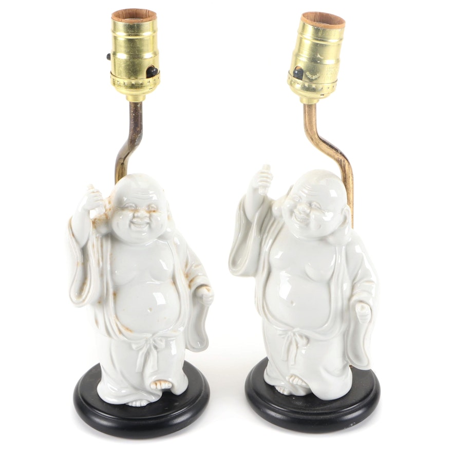 Pair of Blanc de Chine Standing Budai Table Lamps