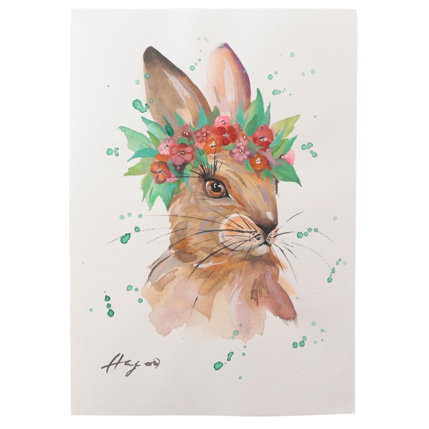 Anne “Angor” Gorywine Watercolor Painting of Rabbit, 2021