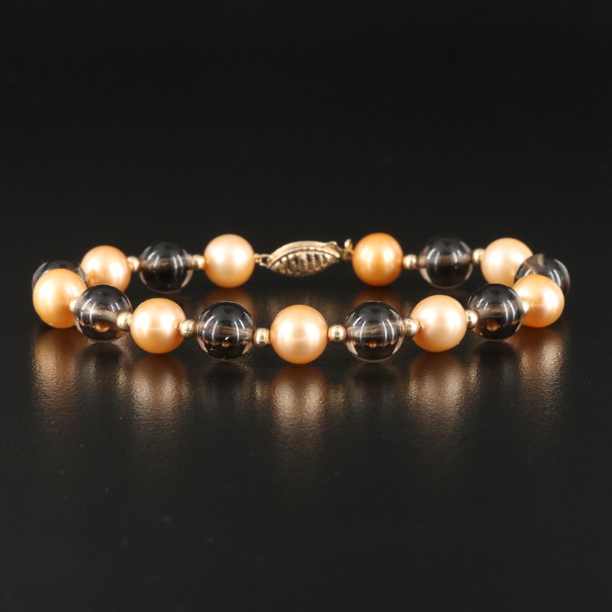 Pearl, Smoky Quartz and 14K Bead Bracelet