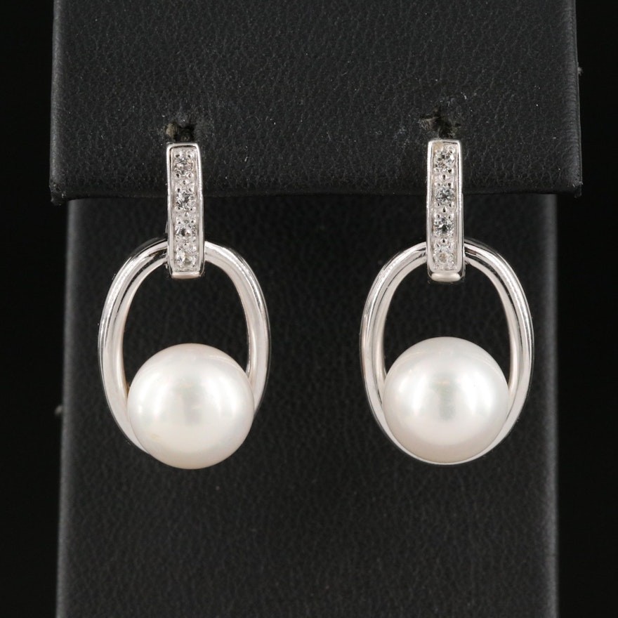 Sterling Silver Pearl and White Topaz Drop Earrings