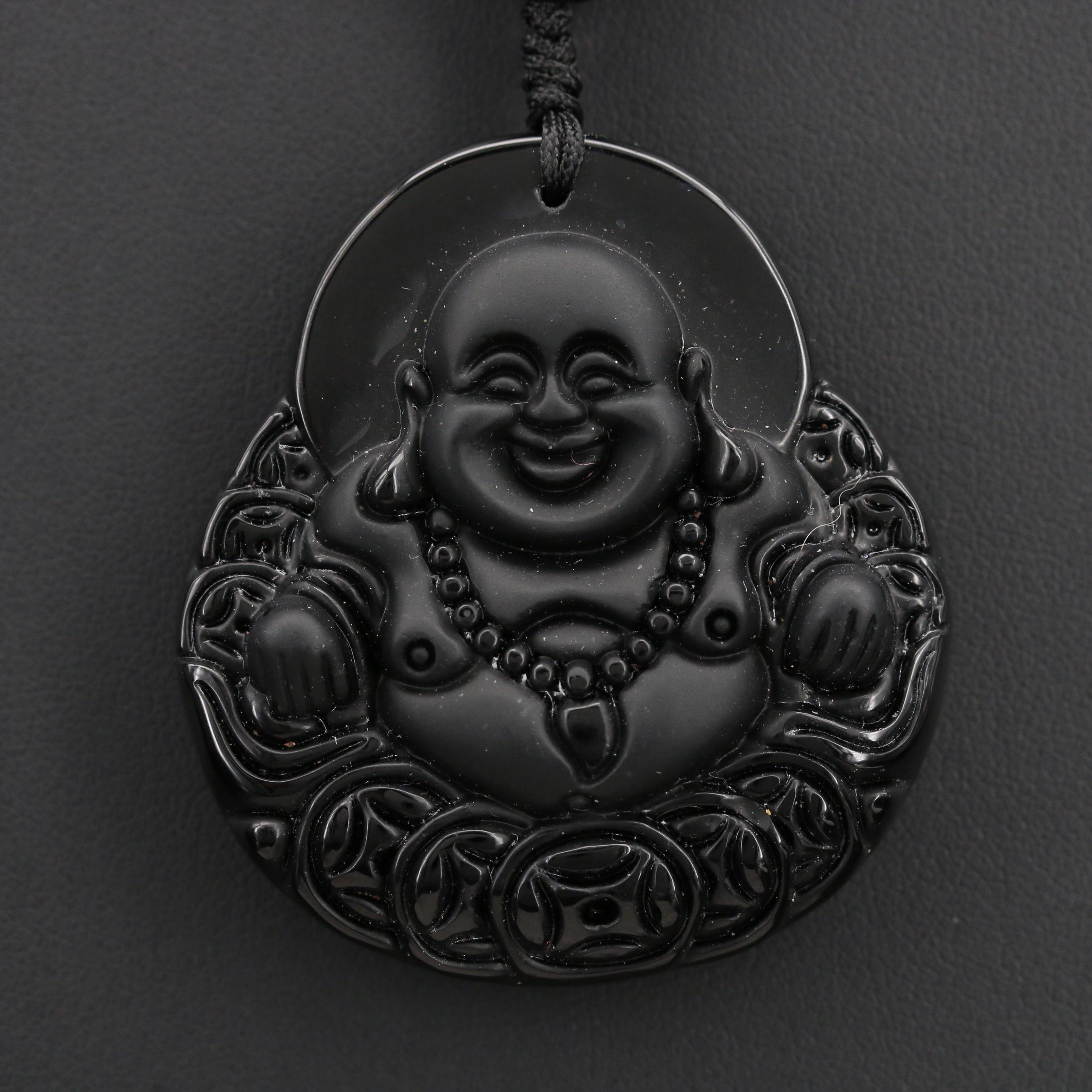 Carved Obsidian Budai Necklace