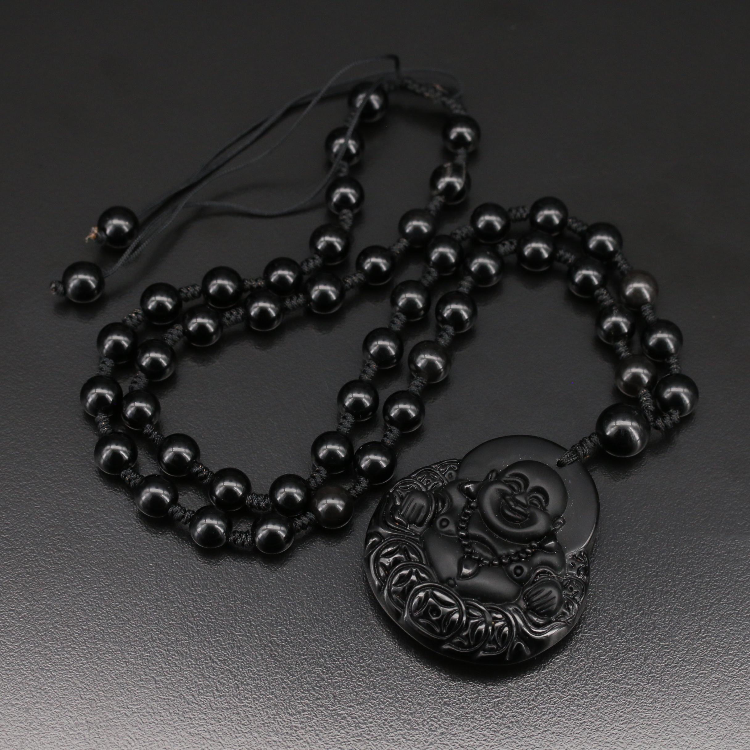Carved Obsidian Budai Necklace
