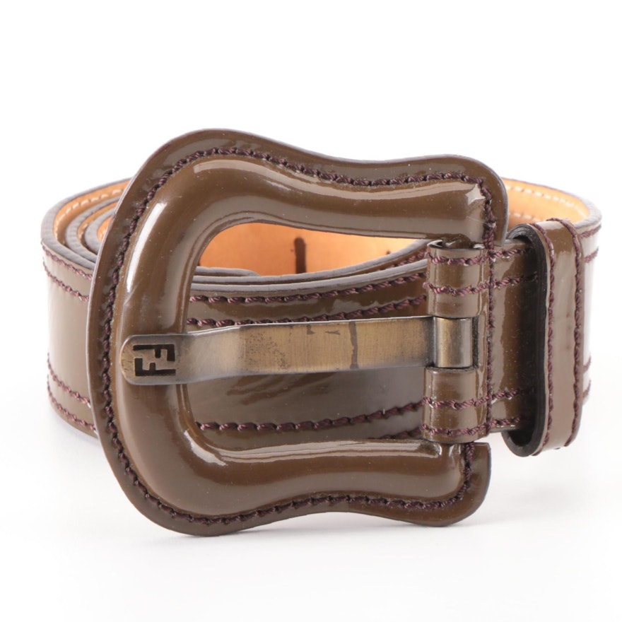 Fendi Belt in Olive Brown Patent Leather