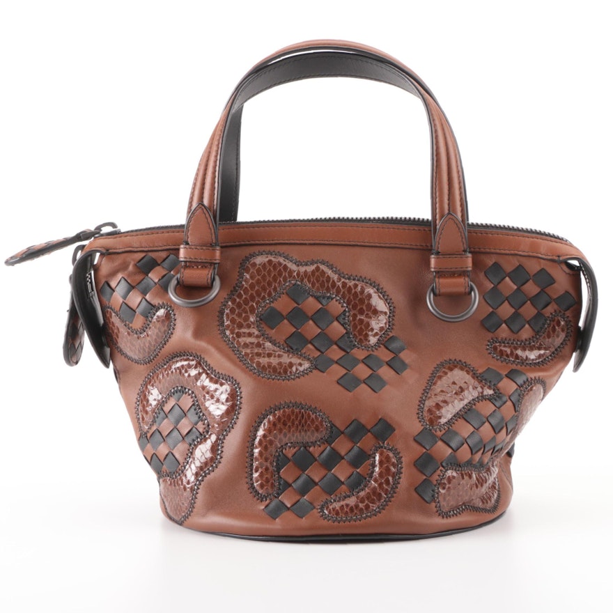 Bottega Veneta Tambura Handbag in Dark Brown-Black Intrecciato and Snakeskin