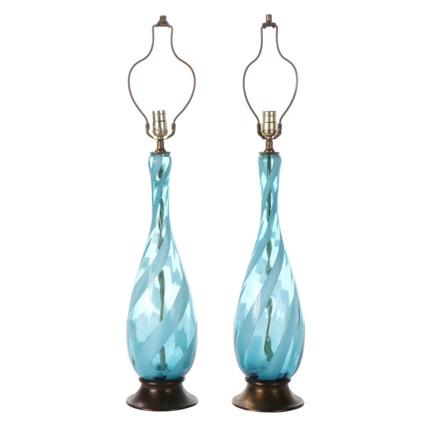 Turquoise Spiral Blown Glass and Brass Mount Table Lamps, Mid-20th Century