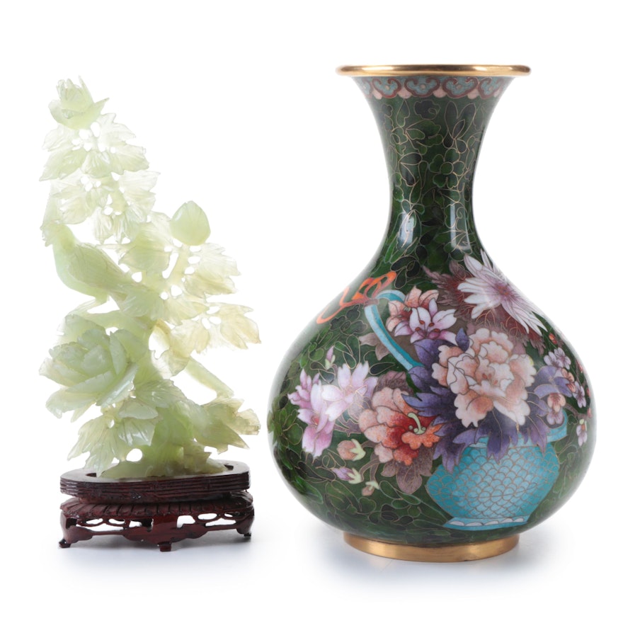 Chinese Cloisonné Floral Vase and Carved Serpentine Bird of Paradise Figurine