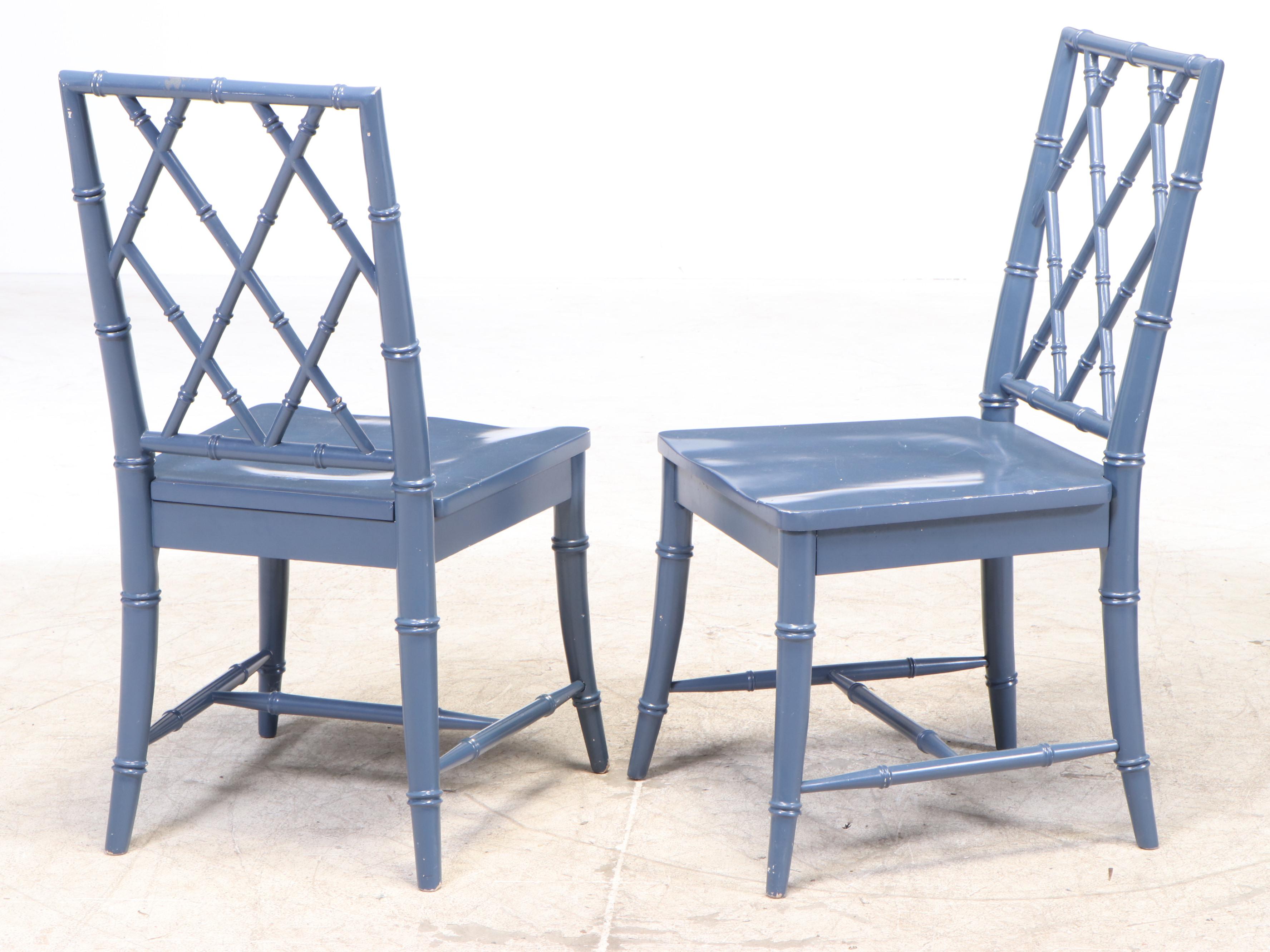 Pair of Universal Furniture Blue-Painted and Faux-Bamboo Chinoiserie Side Chairs