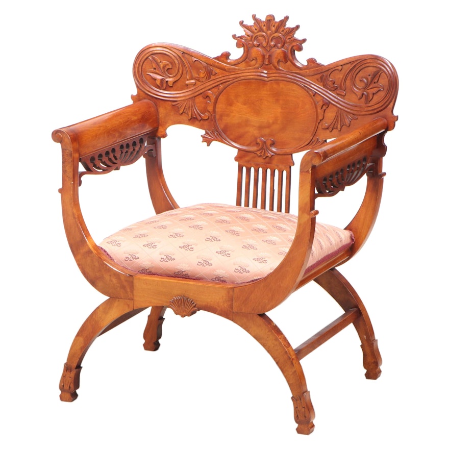 Late Victorian Birch and Maple Curule Armchair, circa 1900