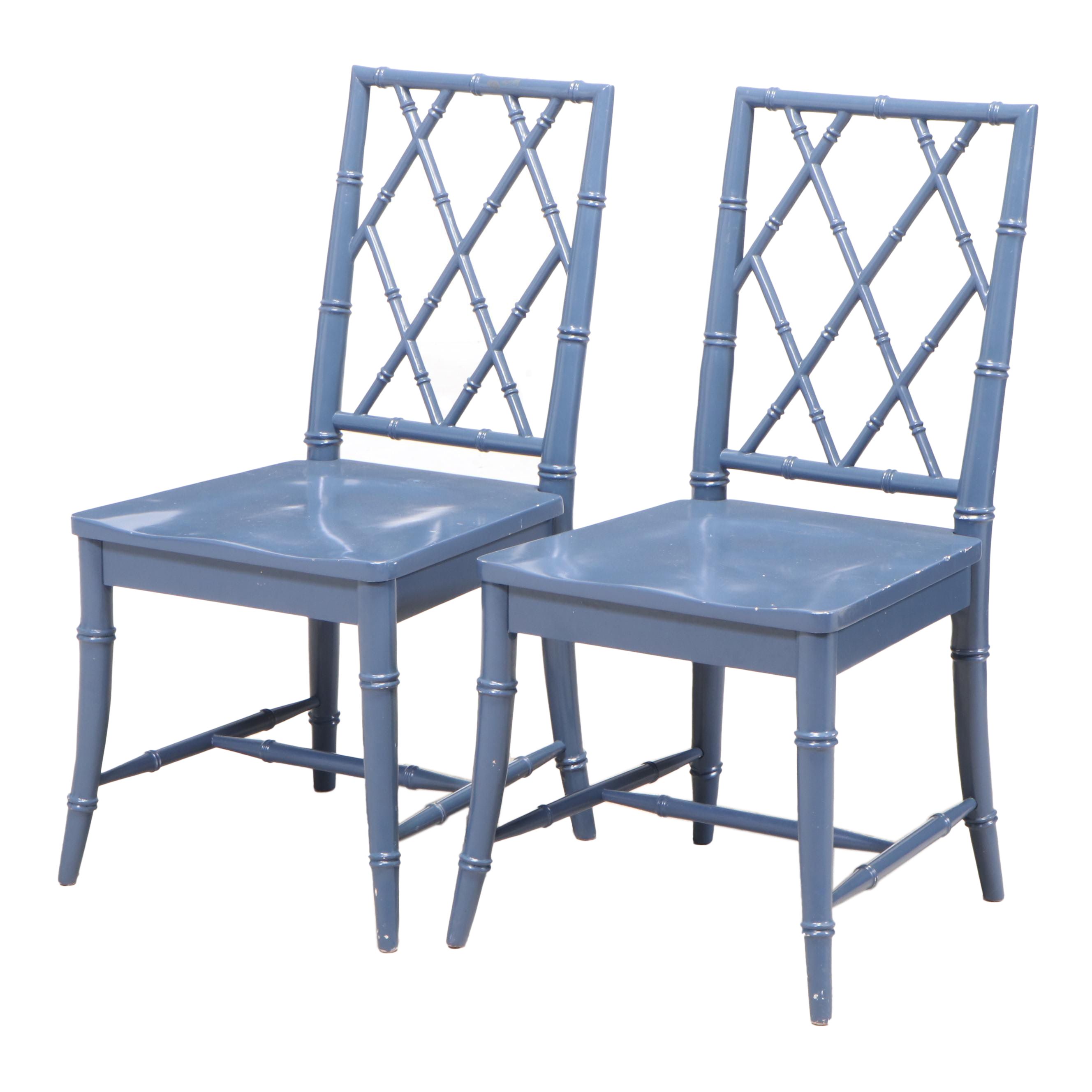 Pair of Universal Furniture Blue-Painted and Faux-Bamboo Chinoiserie Side Chairs