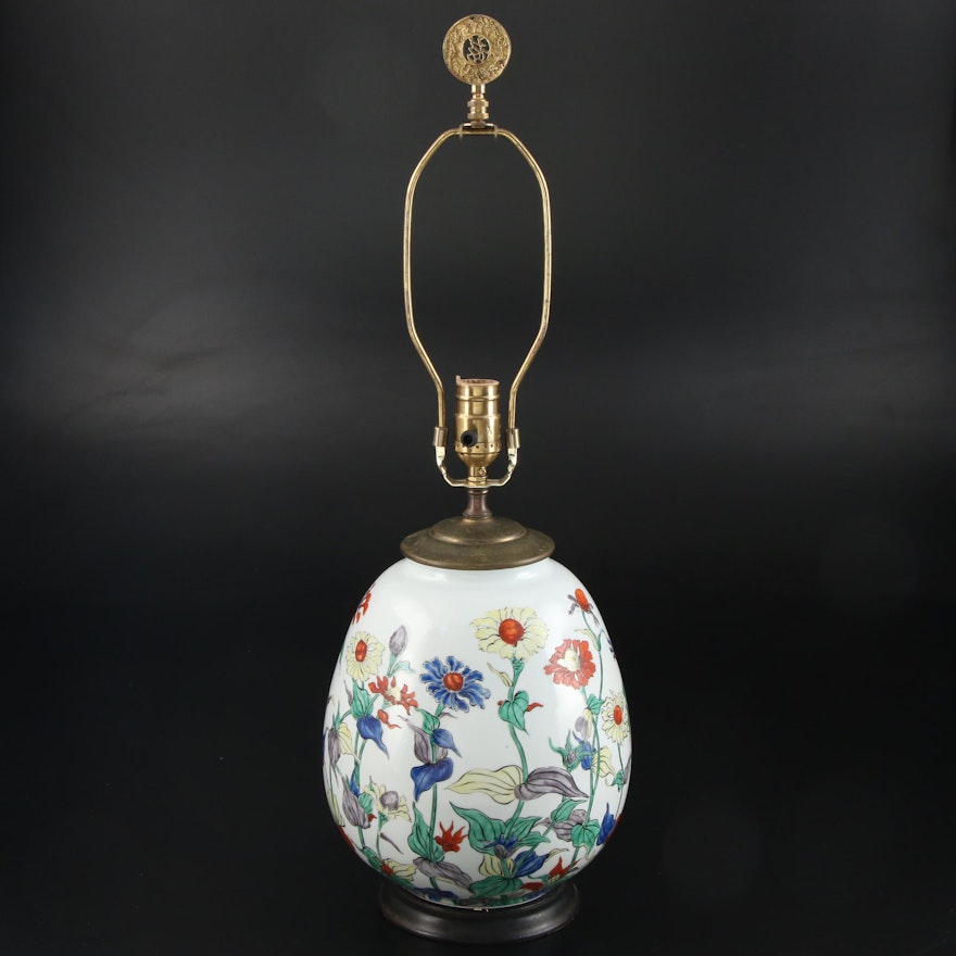 Hand-Painted Coneflowers Ceramic Vase Table Lamp, Contemporary