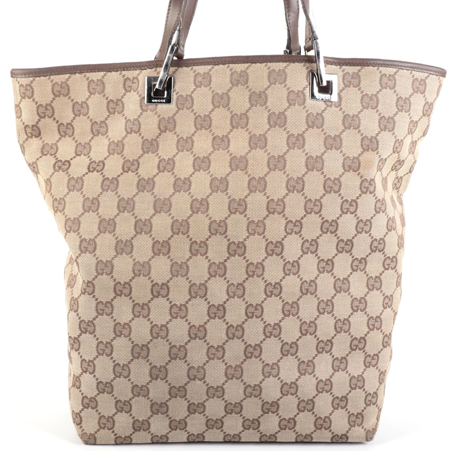 Gucci GG Canvas and Brown Leather Tote