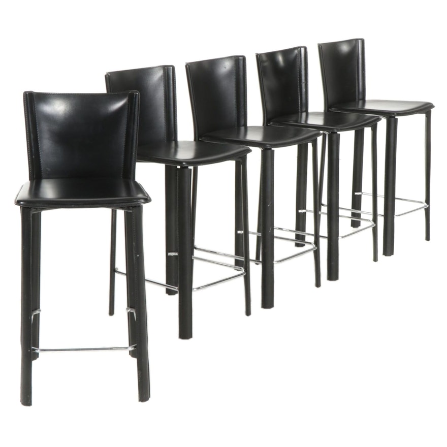 Five Modernist Style Leather Upholstered Counter-Height Barstools