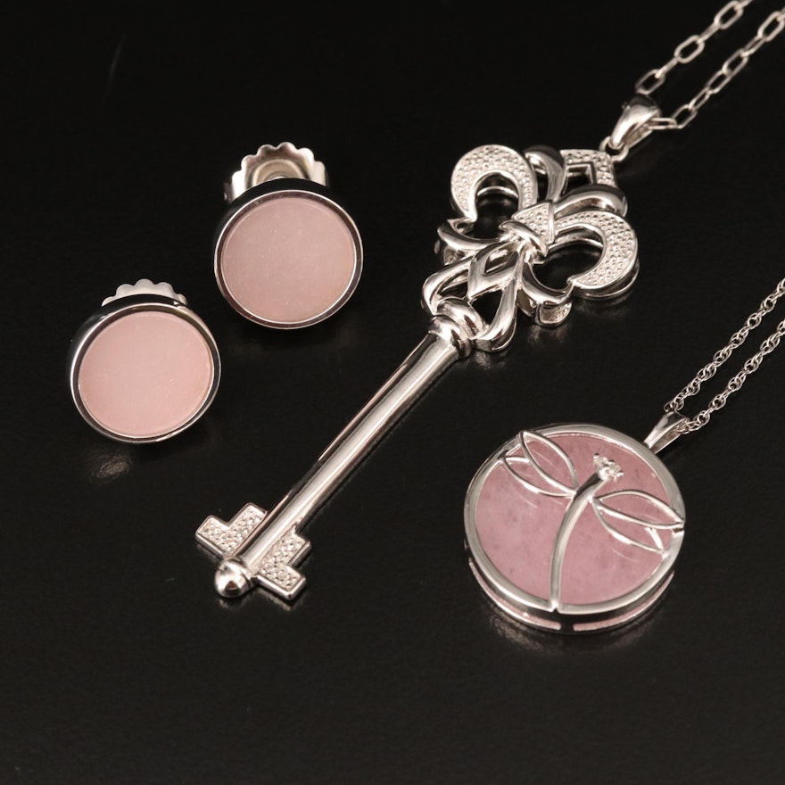 Sterling Dragonfly and Key Necklaces with Earrings Including Quartz and Diamond