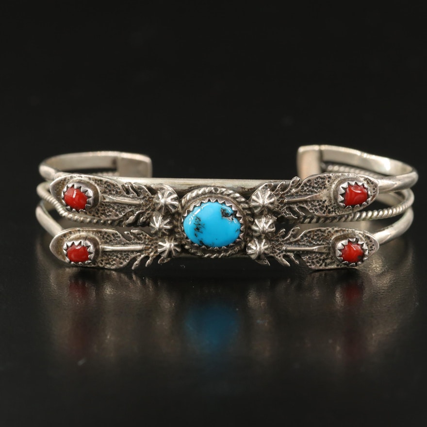 Southwestern Sterling Turquoise, Coral and Black Bear Claw Cuff and Ring