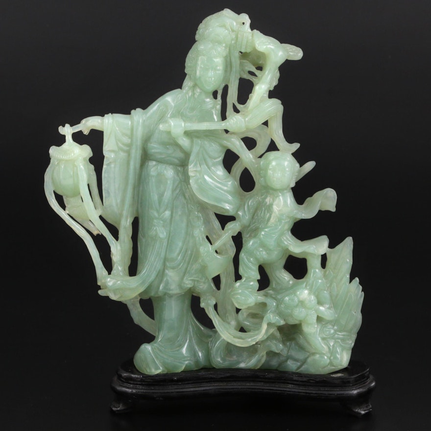 Chinese Carved Serpentine Chang'e and Child Figurine