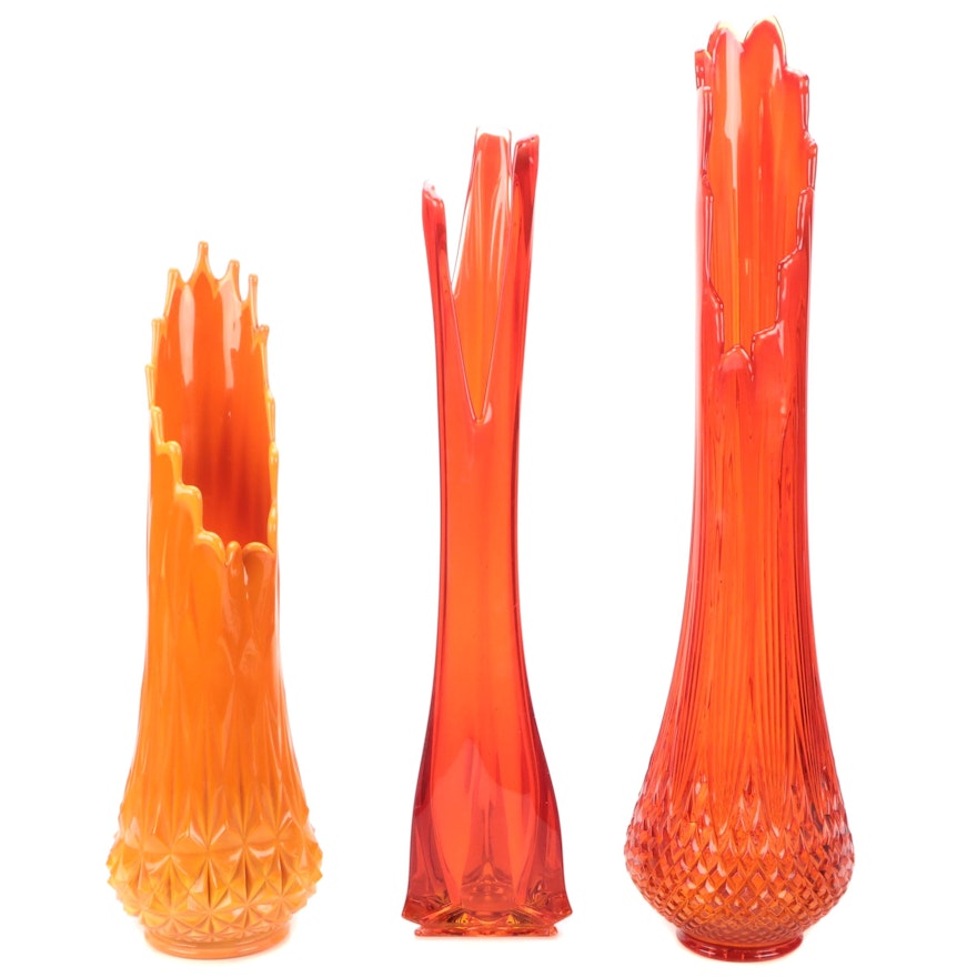 Mid Century Modern Orange and Red Swung Glass Vases
