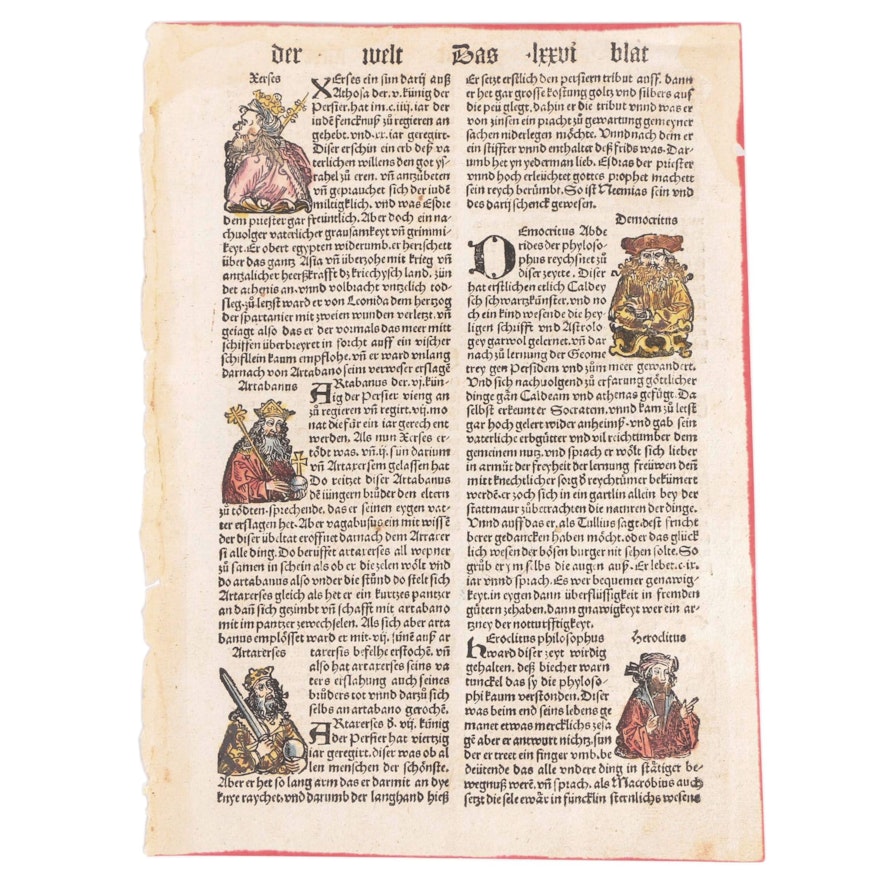 Nuremberg Chronicle Leaf Featuring Sappho and Herodotus, 1496