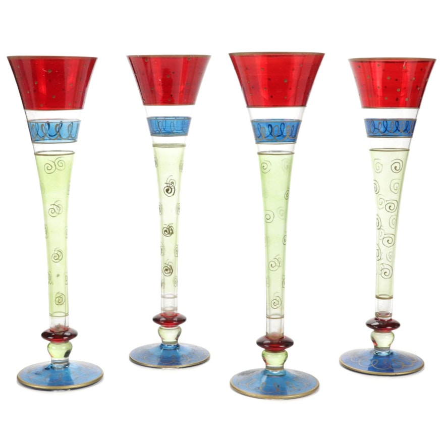 Four Murano Style Hand-Painted Champagne Flutes
