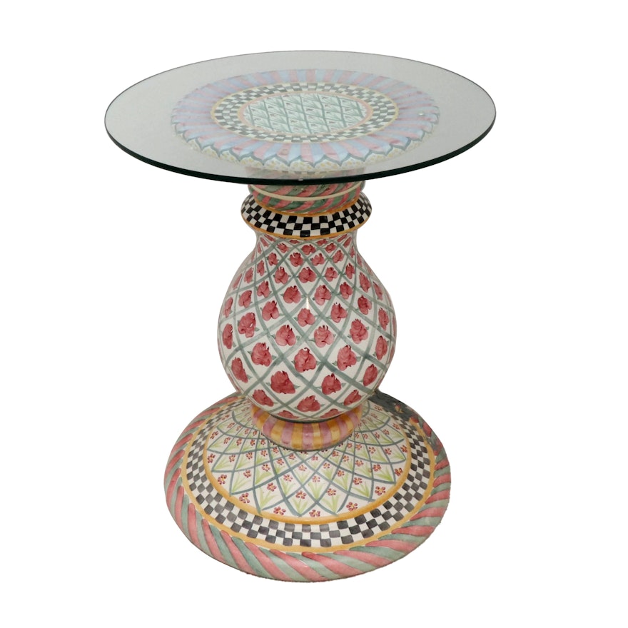 MacKenzie-Childs Terracotta Pedestal Side Table with Glass Top
