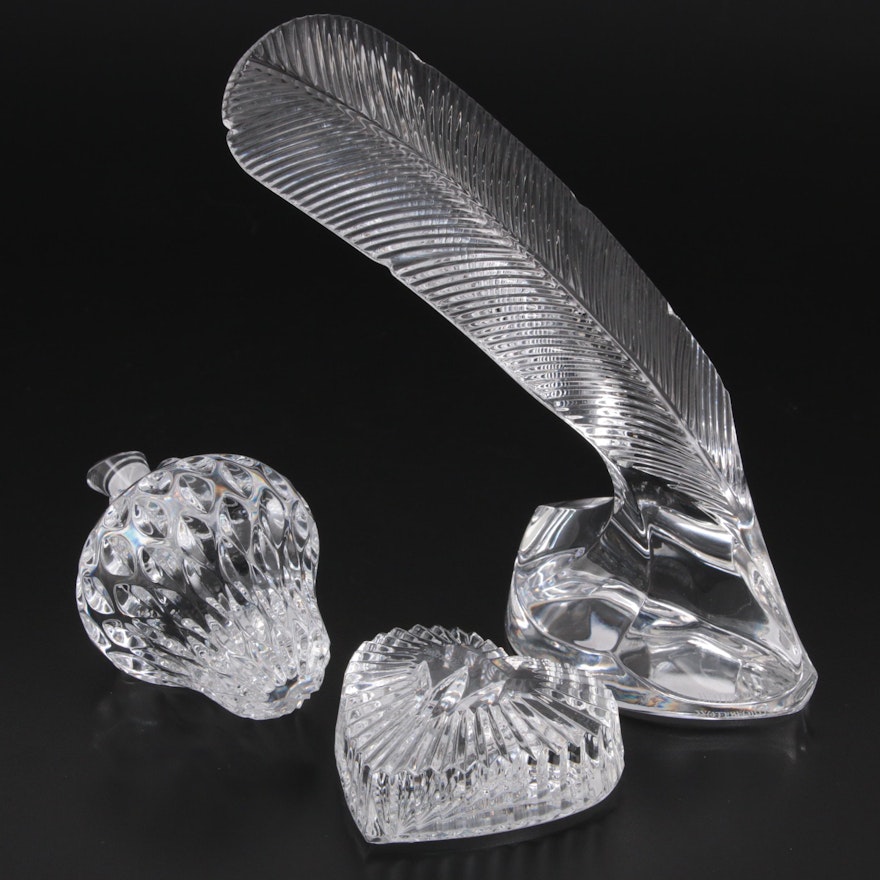 Waterford Crystal Quill, Heart, and Strawberry Paperweights