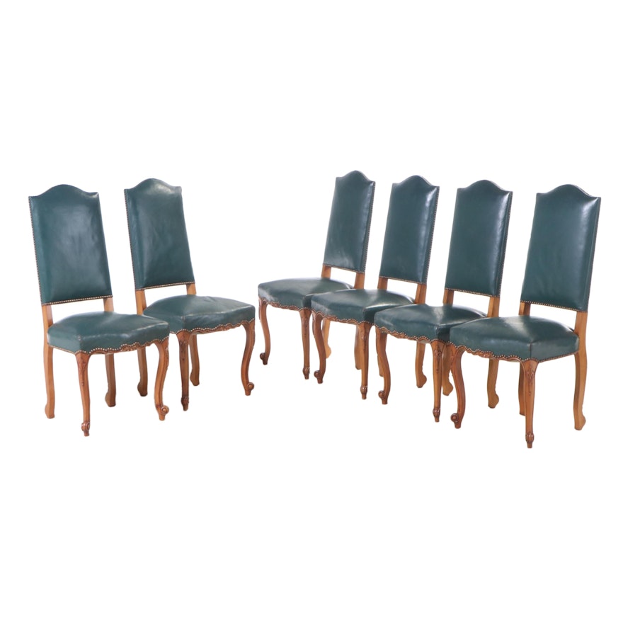 Six French Provincial Style Cherrywood and Green Leather Side Chairs