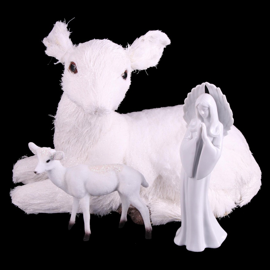 Reco "Adoration" Ceramic Angel Figurine with Other Lamb Figurines