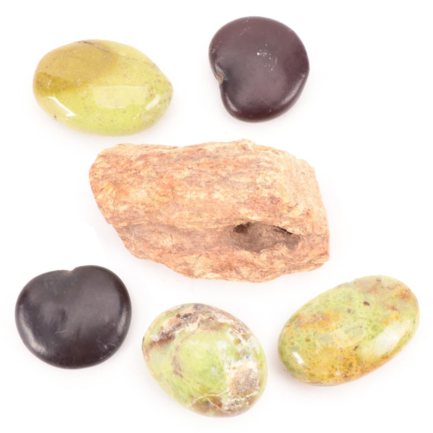 Polished Tumbled Olive Opal with Petrified Wood and Sea Heart Sea Bean Specimens