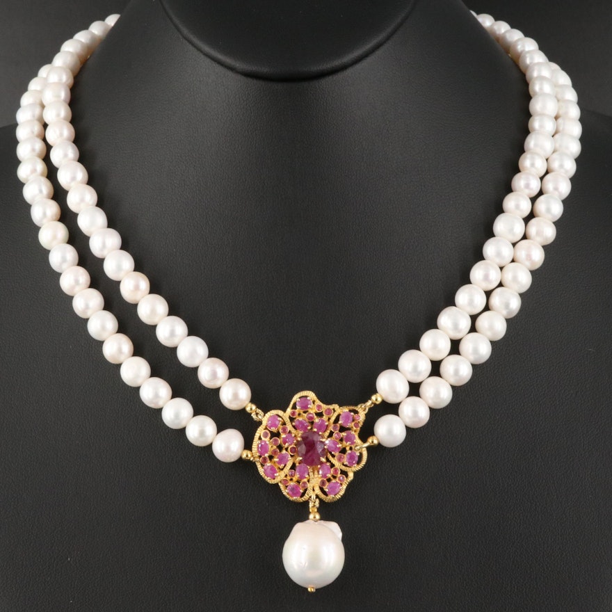 Pearl and Ruby Pendant Necklace with Sterling Clasp and Baroque Pearl Drop