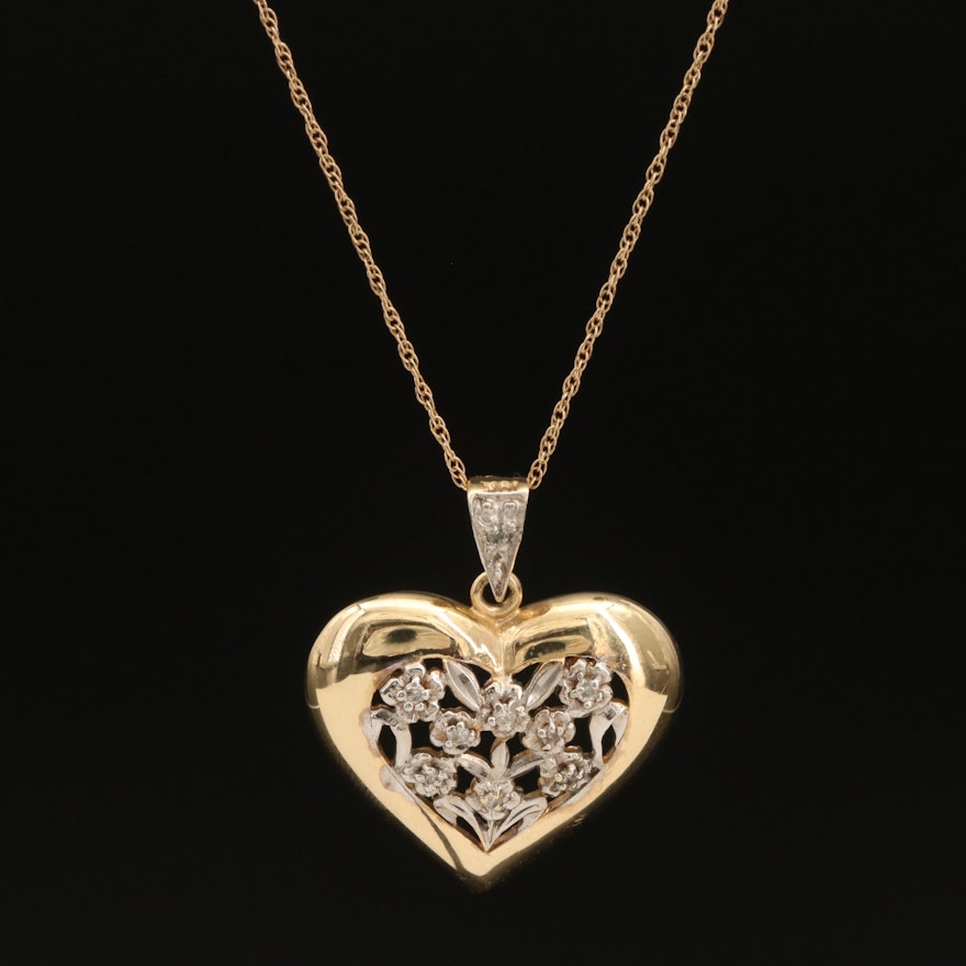 10K 0.11 CTW Diamond Floral Heart Pendant Necklace