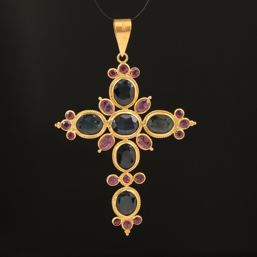 18K Sapphire and Ruby Cross Pendant