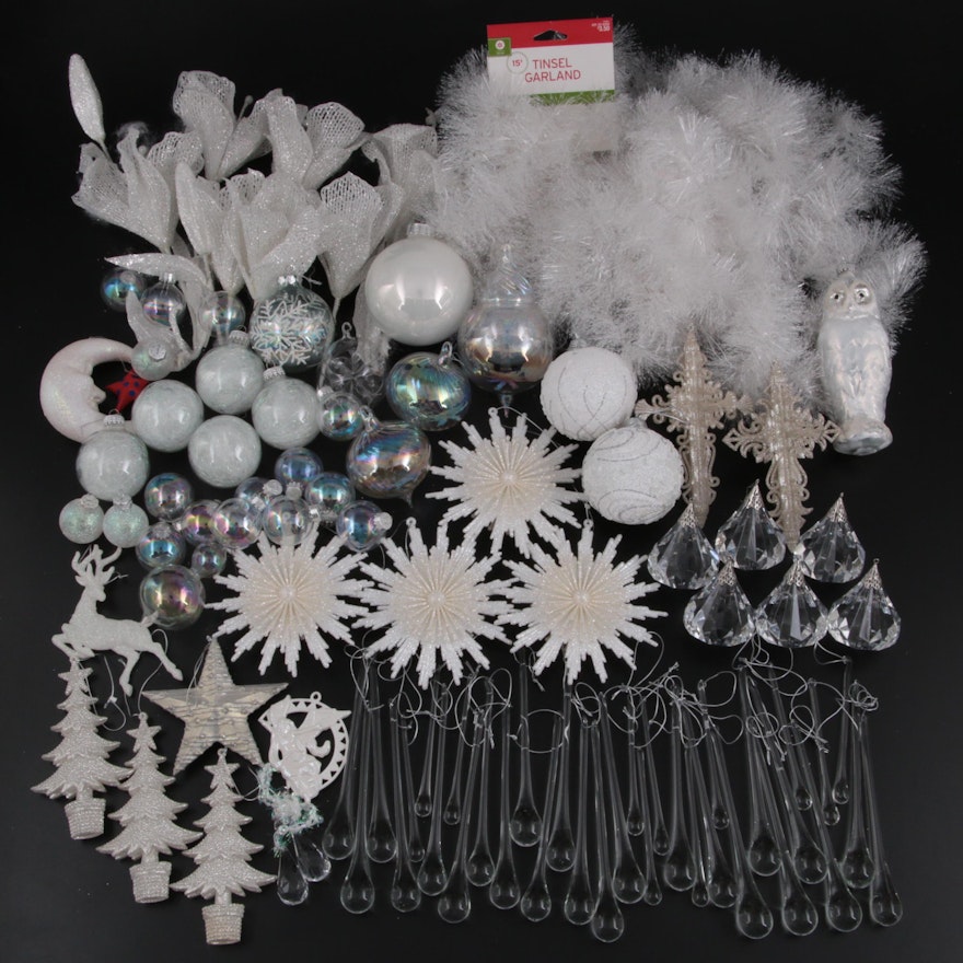 Celestial Motif Silver and White Christmas Ornaments and Tinsel