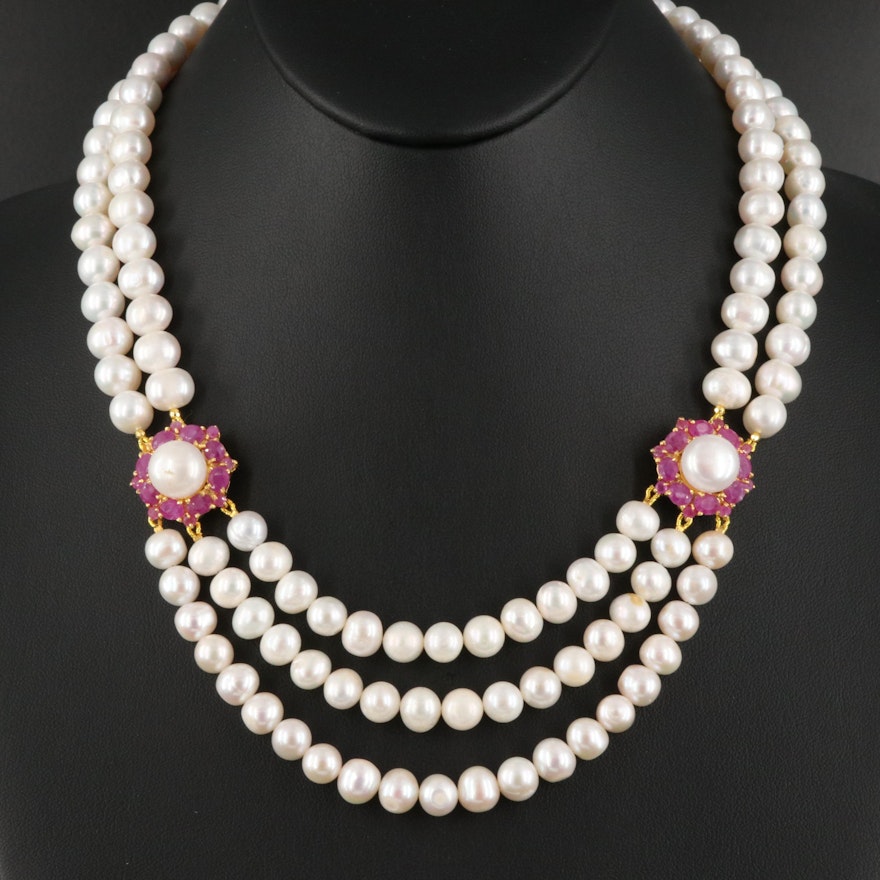Sterling Silver Pearl and Ruby Festoon Necklace