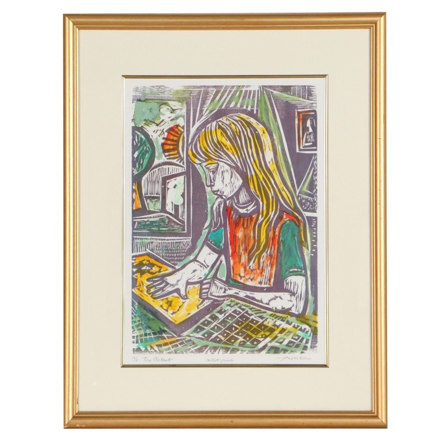 Irving Amen Hand-Colored Woodcut "The Artist," Circa 2000