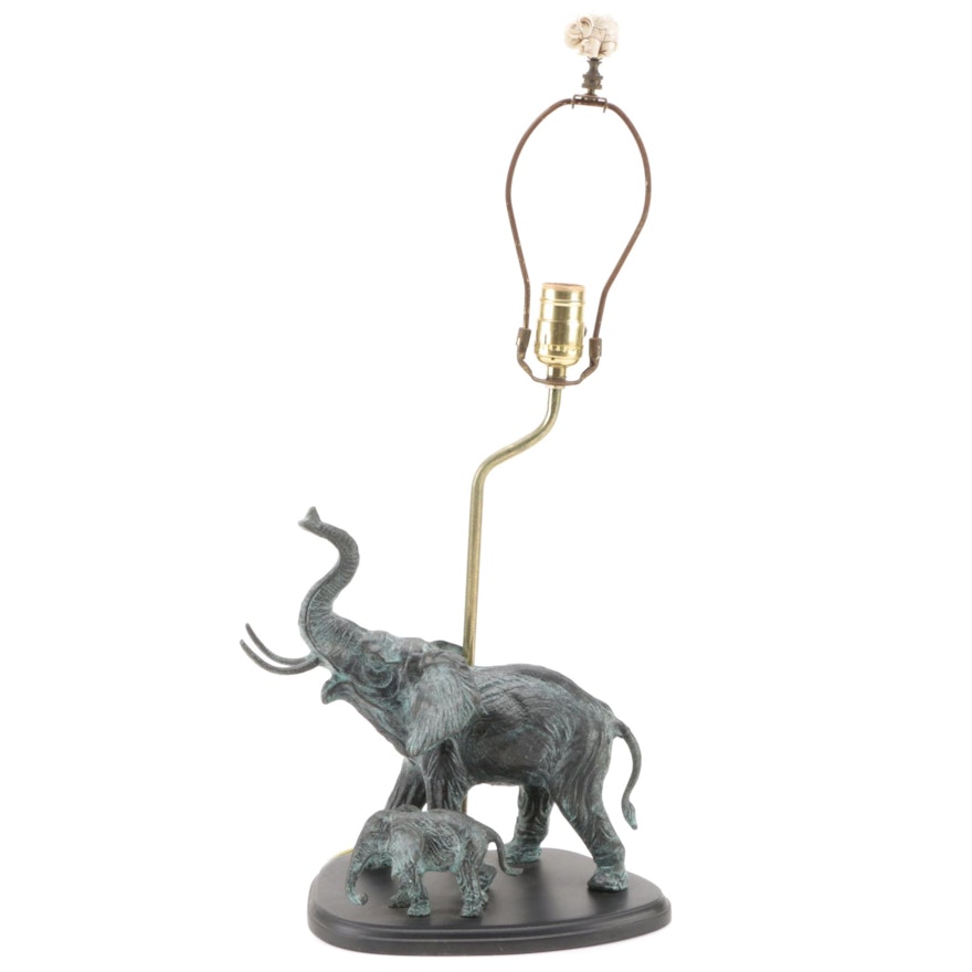 Patinated Cast Metal Elephant with Calf Table Lamp