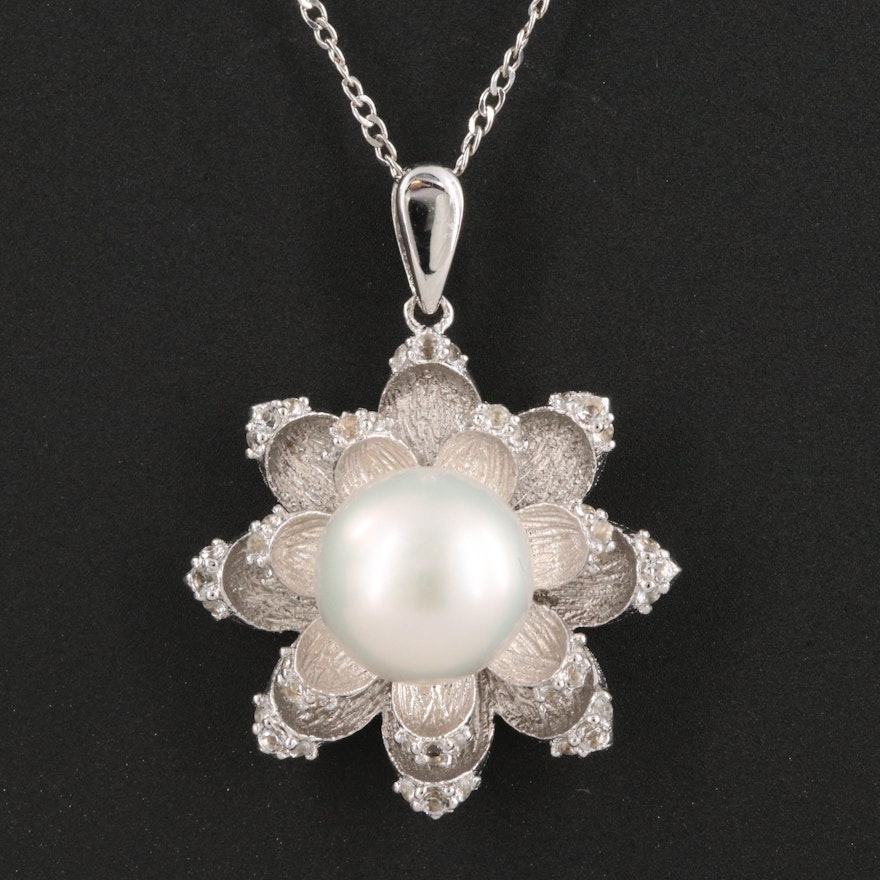 Sterling Pearl and White Topaz Floral Pendant Necklace