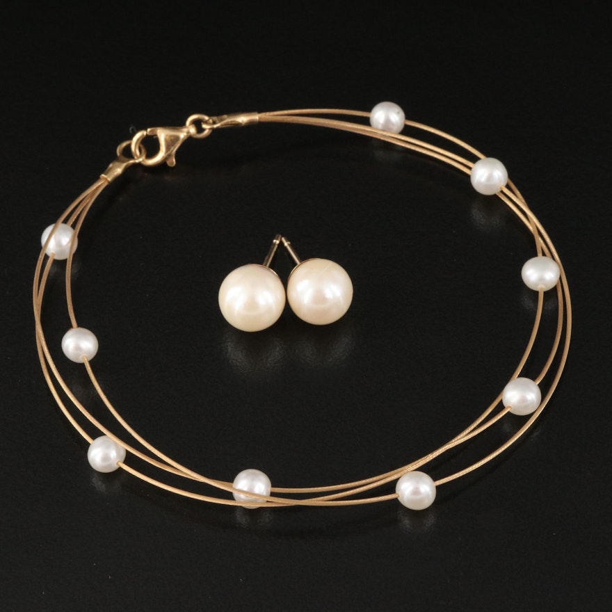 14K Wire and Pearl Station Bracelet with Pearl Stud Earrings