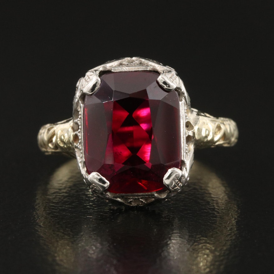 Vintage 14K Two Tone Ruby Openwork Ring