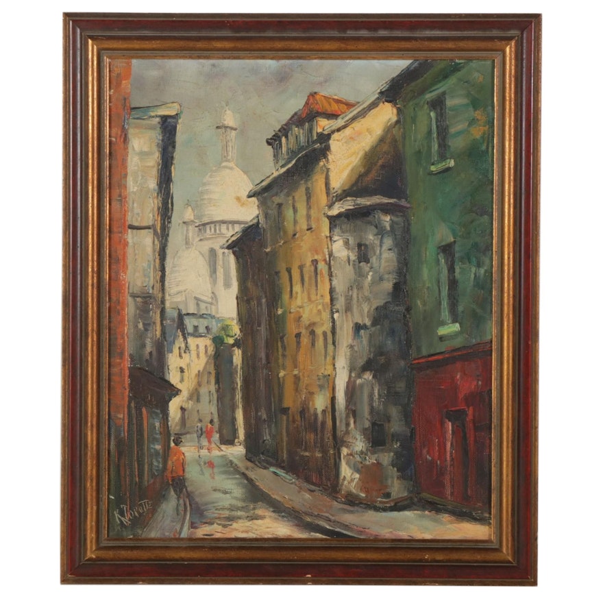 René Lorotte Oil Painting of European City Alleyway, Mid-Late 20th Century