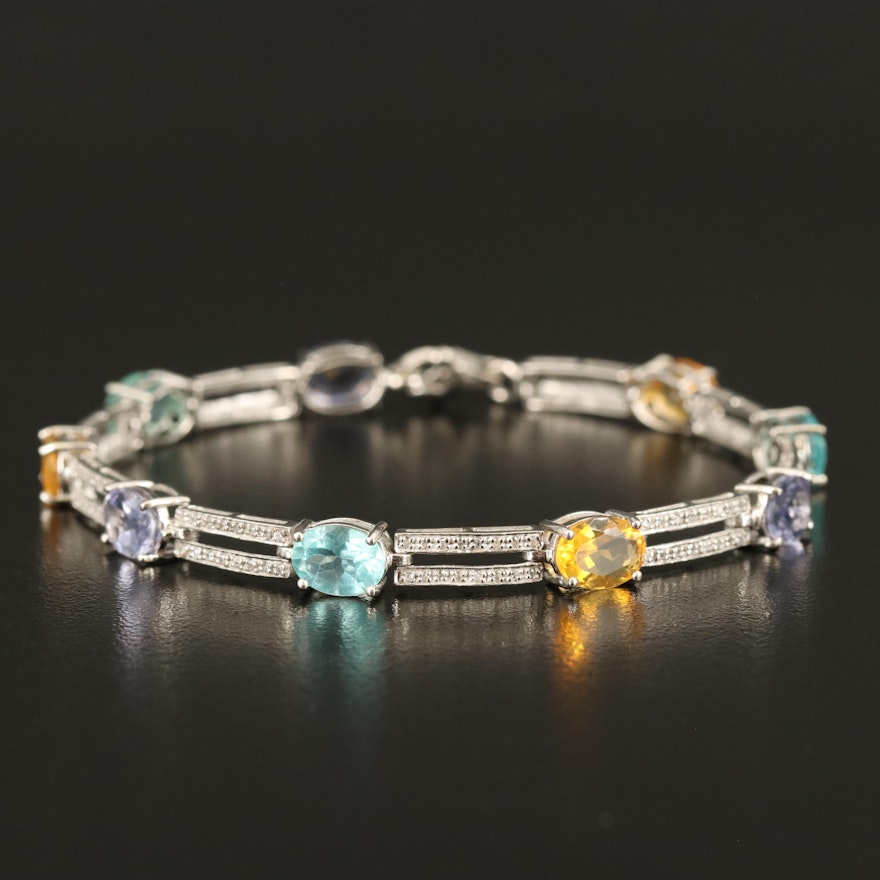Sterling Gemstone Link Bracelet with Iolite, Opal and Apatite