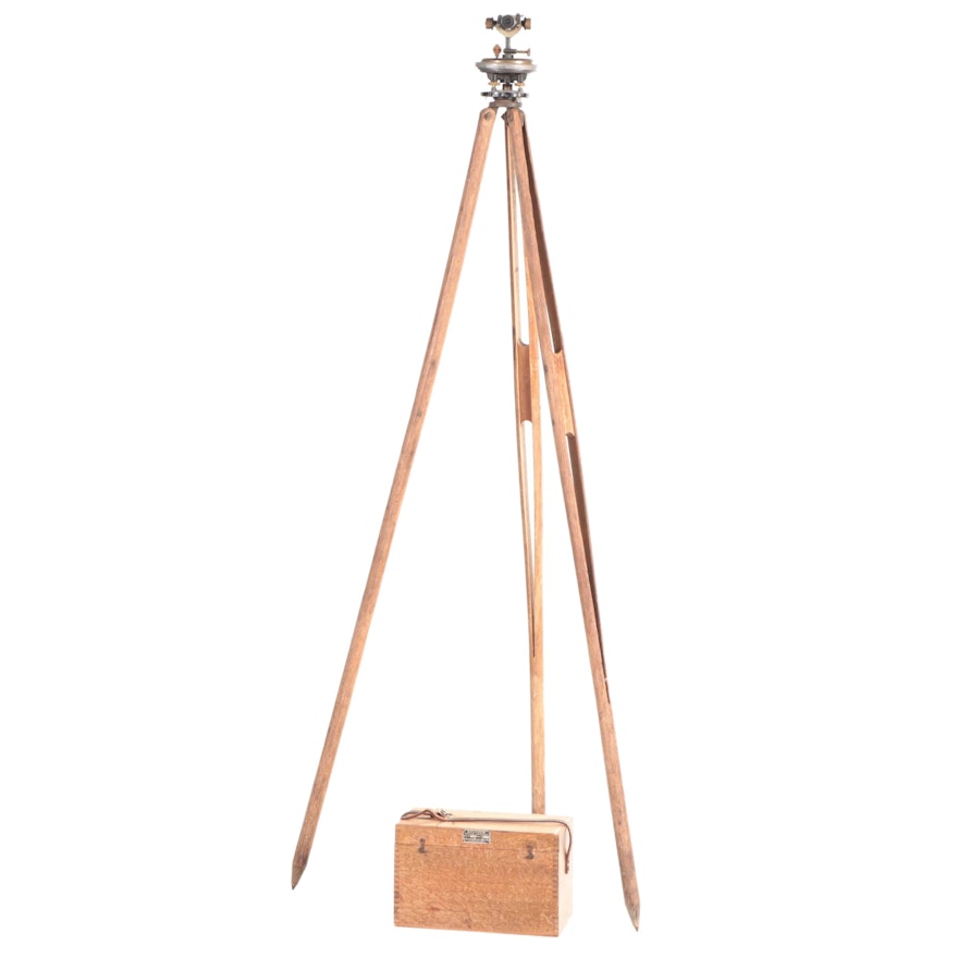 Bostrom Convertible Surveying Level No. 5 with Wooden Tripod, 1930s