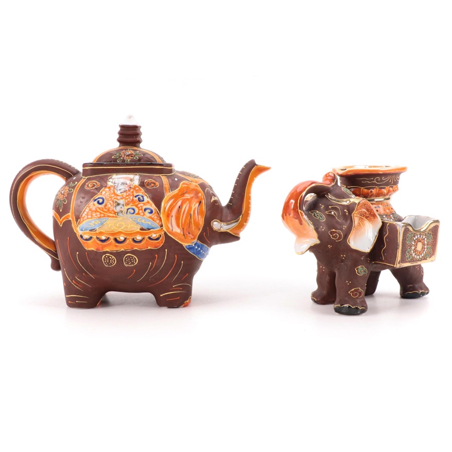 Japanese Porcelain Moriage Takito Elephant Teapot and Moriyama Morimachi Ashtray