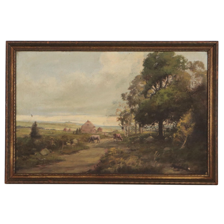 Landscape Oil Painting of Farm, Early 20th Century