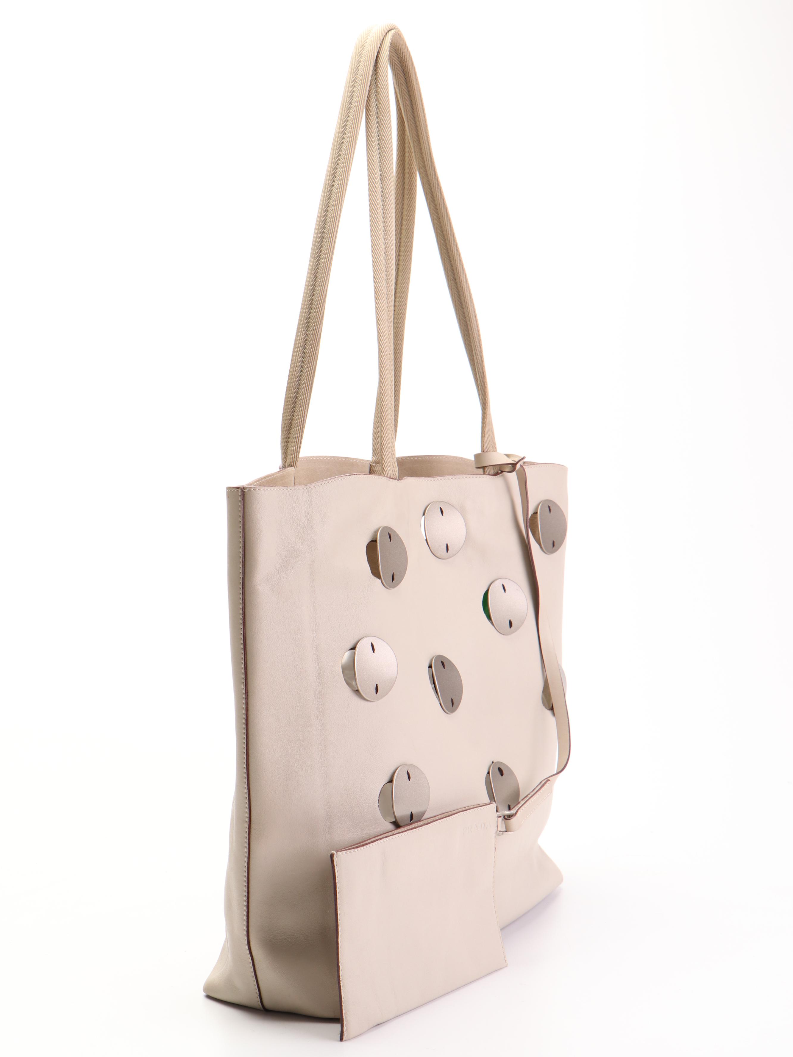 Prada Tote in Leather with Metal Circle Accents