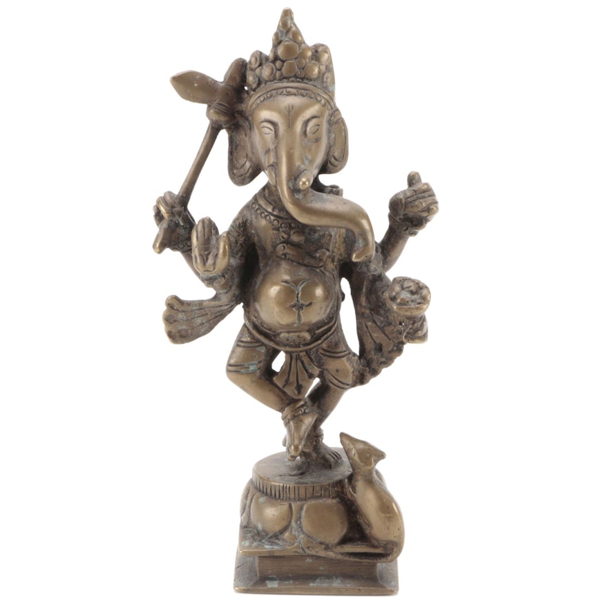 Indian Bronze Murti of Dancing Ganesha with Rat Vahana