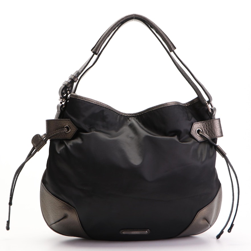 Burberry Hobo Shoulder Bag in Black Nylon with Metallic Leather