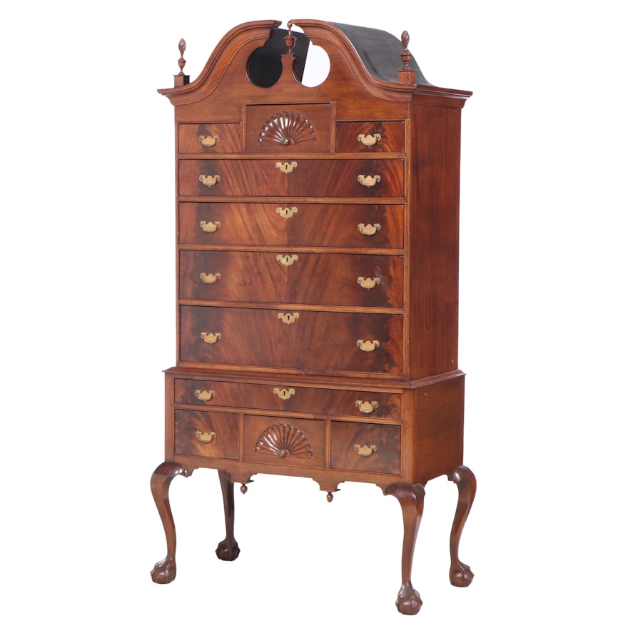 American Chippendale Style Flame Mahogany Eleven-Drawer Bonnet-Top Highboy
