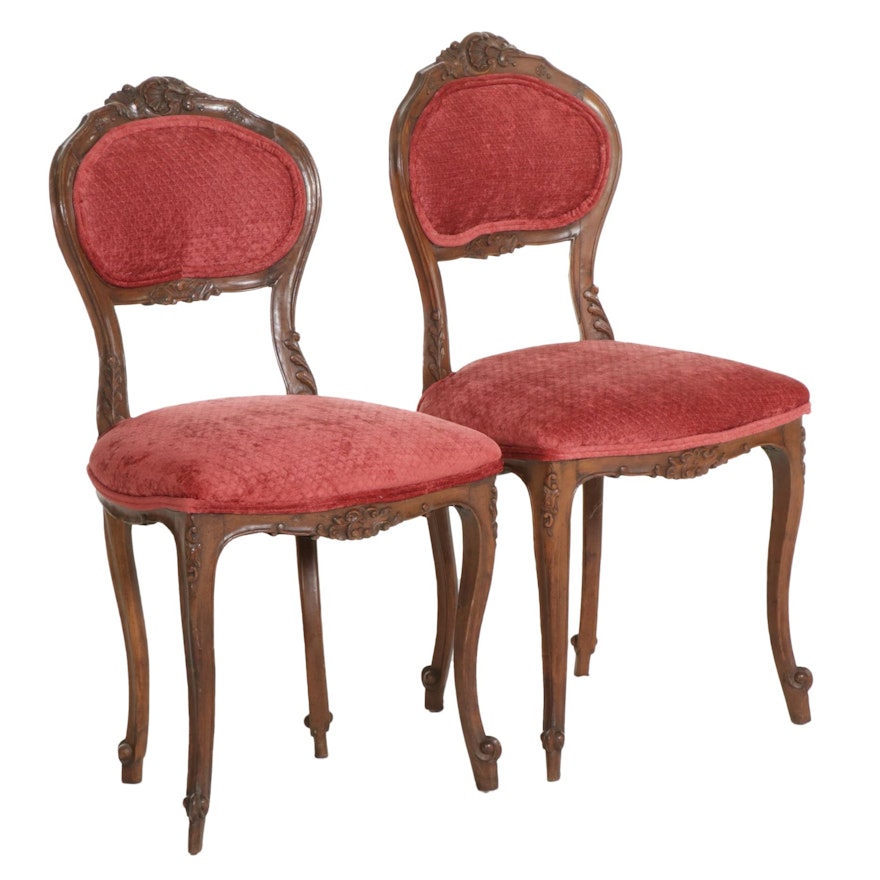 Pair of Louis XV Style Carved Fruitwood Side Chairs, Early to Mid 20th Century