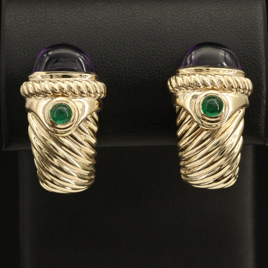 David Yurman 14K "Renaissance" Shrimp Earrings with Amethyst and Emeralds