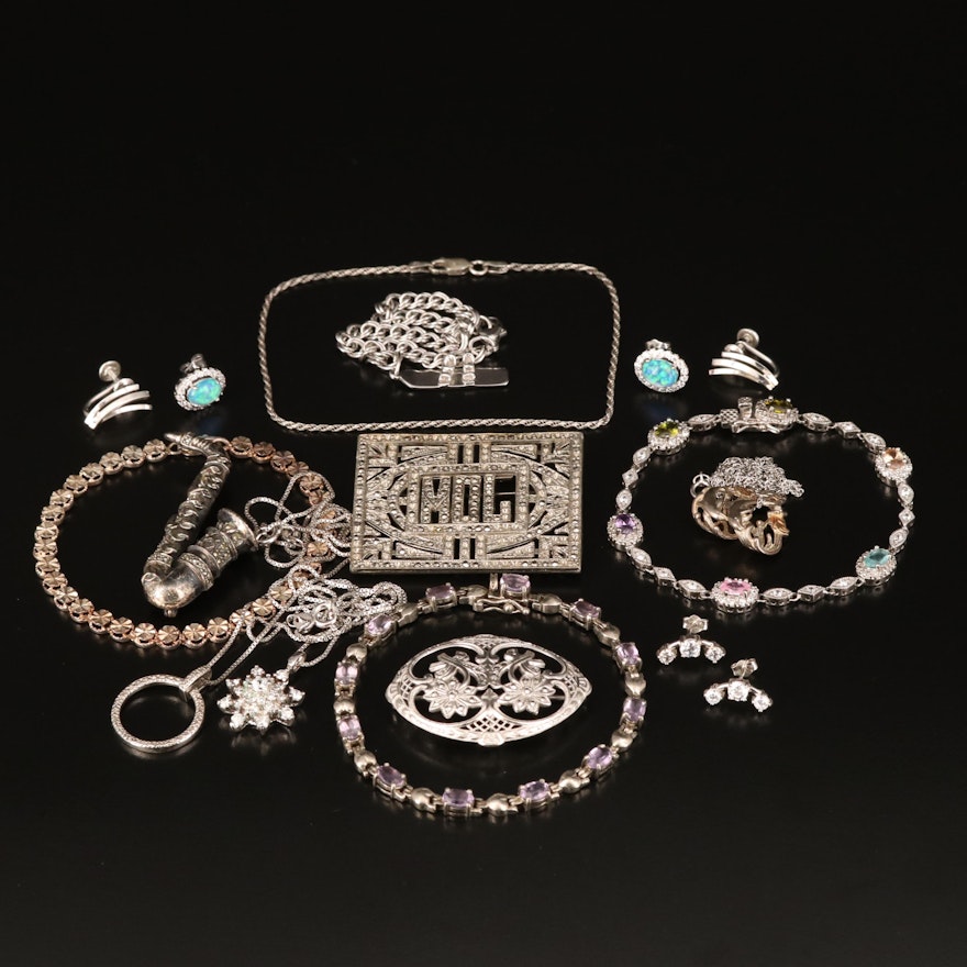 Sterling Grouping Including Judith Jack, Glass, Marcasite and Cubic Zirconia