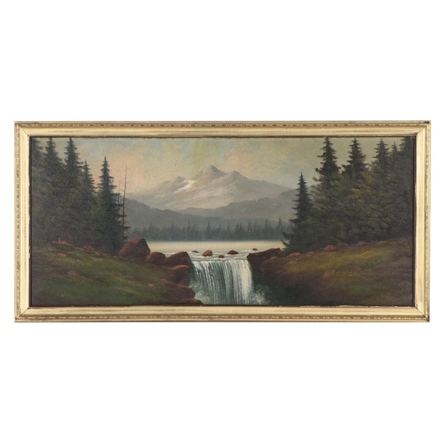 Lorenz Griffith Landscape Oil Painting of Waterfall, Mid-20th Century